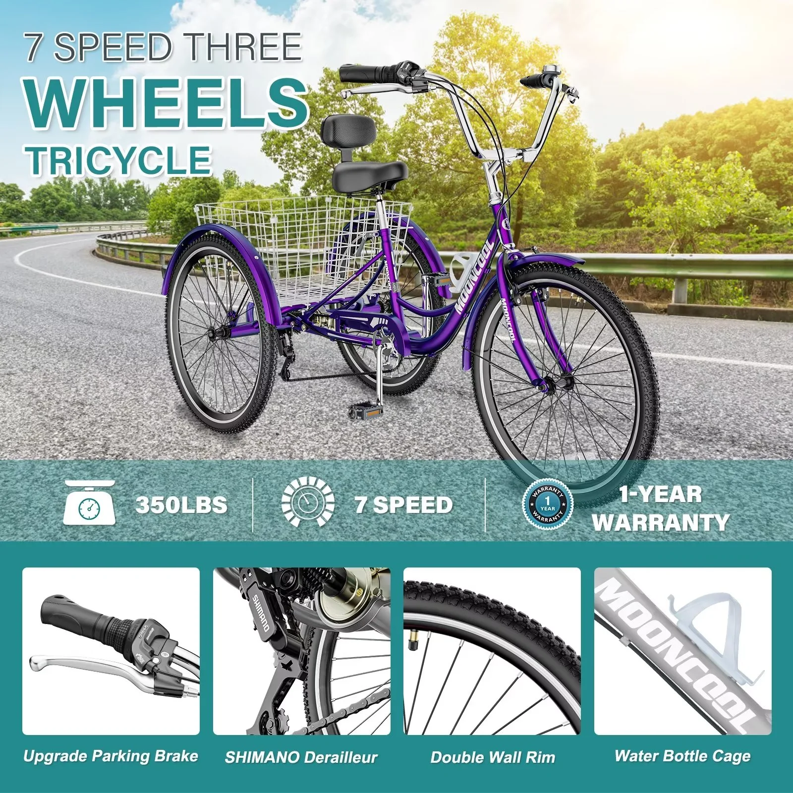 MOPHOTO Adult Tricycles 3 Wheel 7 Speed Trikes, 20/24/26 inch with Big Basket for Shopping, Picnics Exercise Men's Women's Senior's Trike