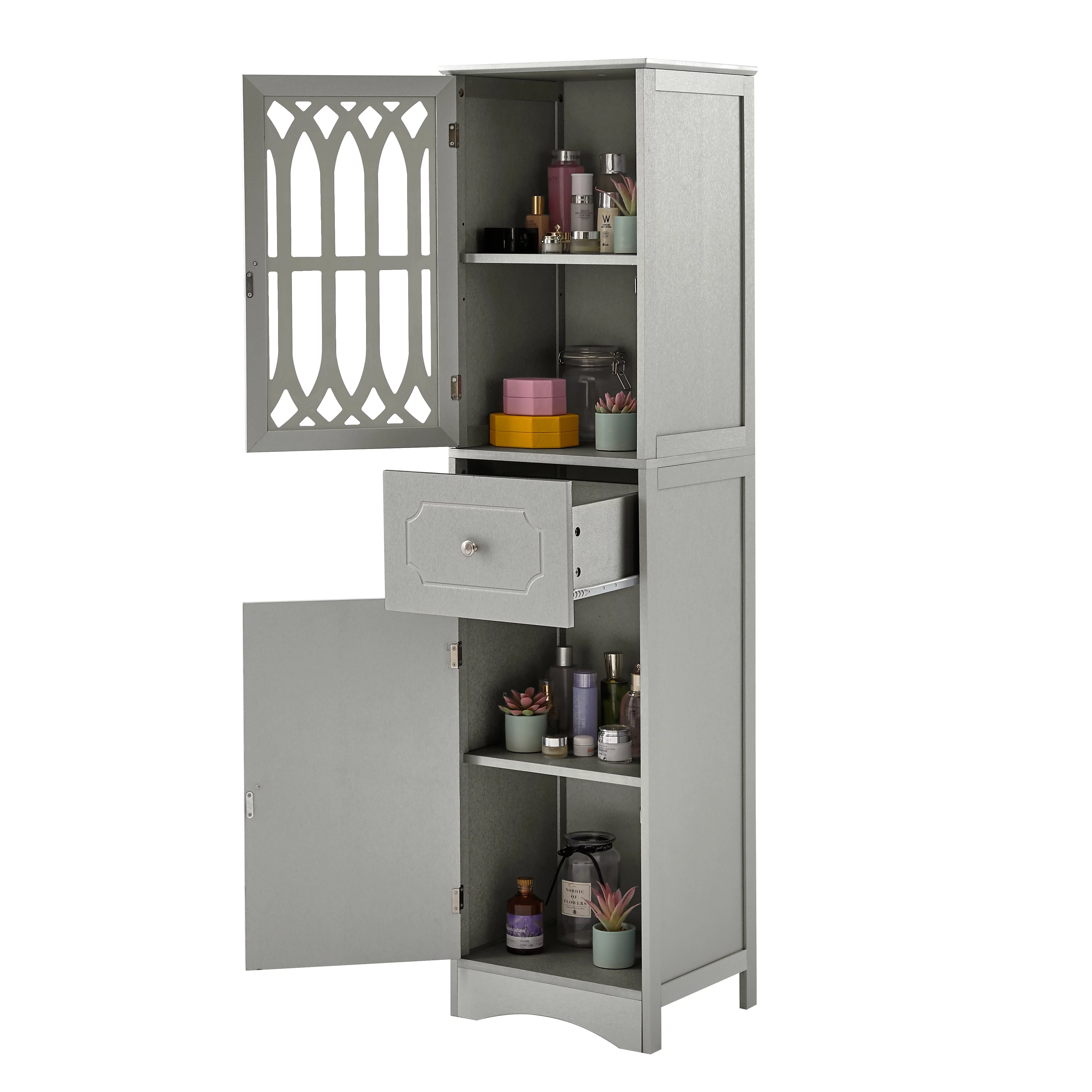 Modern Tall Bathroom Storage Cabinet with Doors Drawers, Wood Floor Freestanding Organizer for Bedroom Living Room