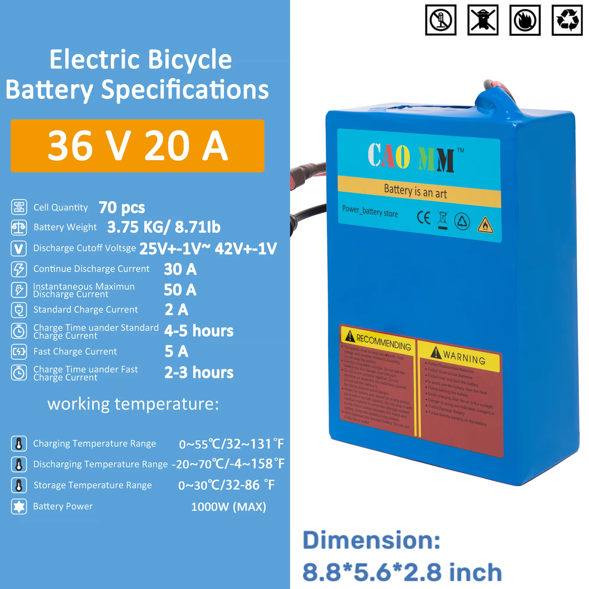 Ebike Battery 36V 20Ah Lithium Battery with 2A Charger 36V Battery for 1000W Electric Bike