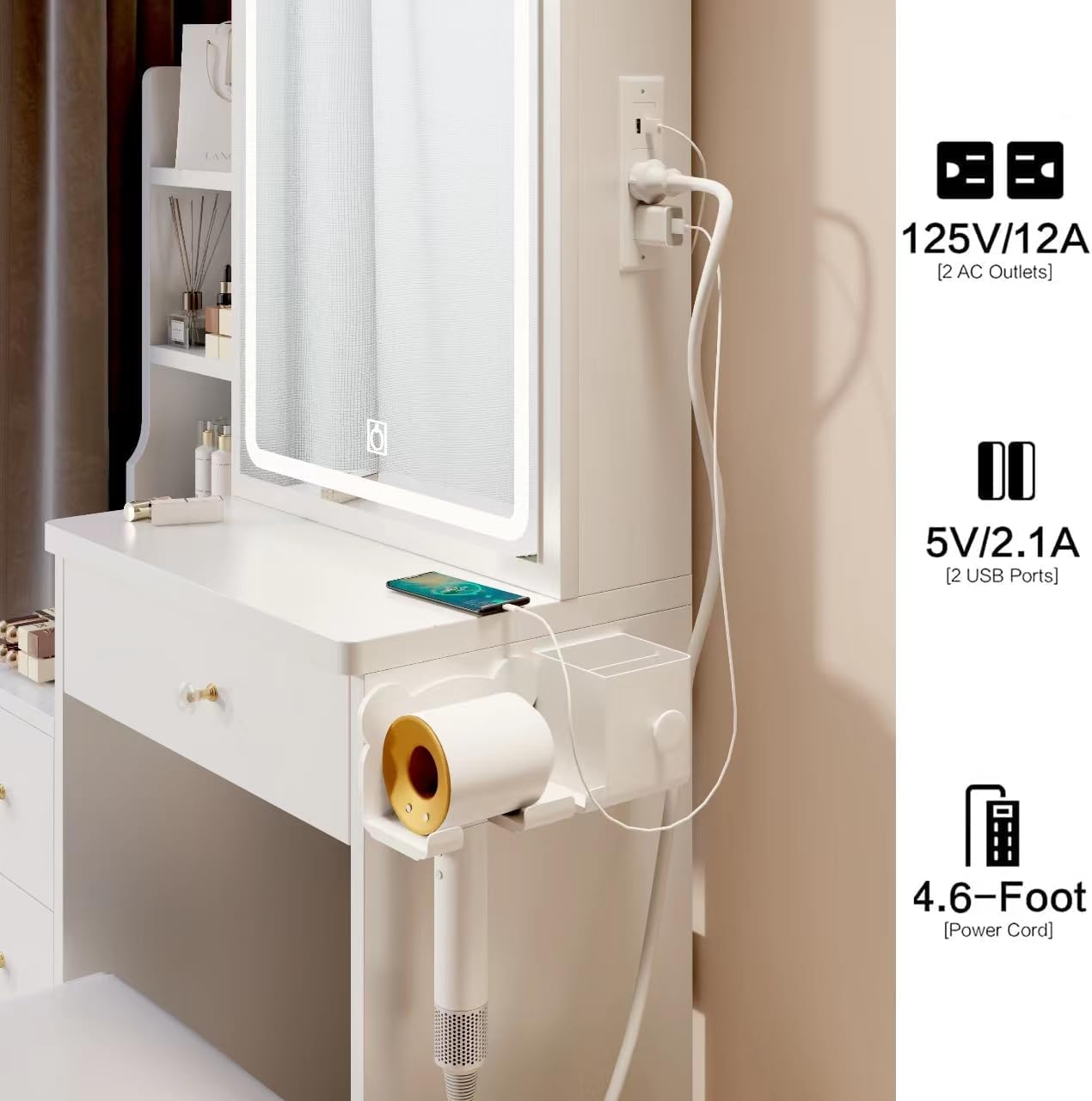 Makeup Vanity Desk with LED Mirror, Vanity Table with Charging Station (2 AC + 2 USB Socket), Small Vanity Dressing Table with Drawers & Dresser, Makeup Desk with Cushioned Stool for Bedroom