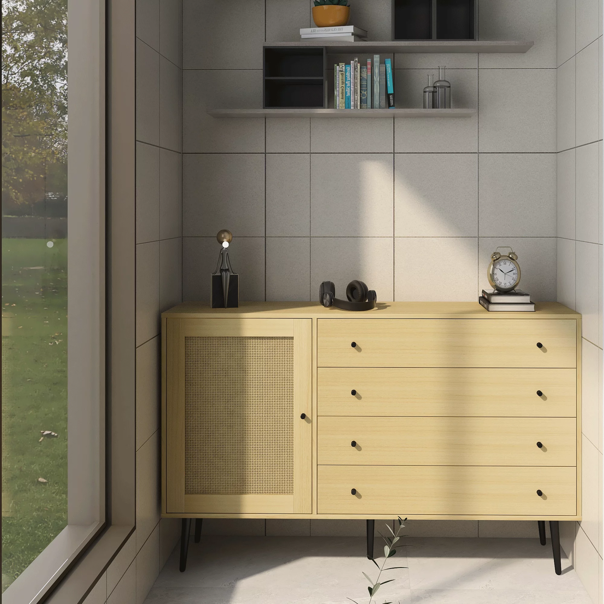 HIUU Storage Cabinet with Door and 4 Drawers for Living room,Sideboard Buffet Cabinet for Dining Room,Natural Wood Dresser for Bedroom