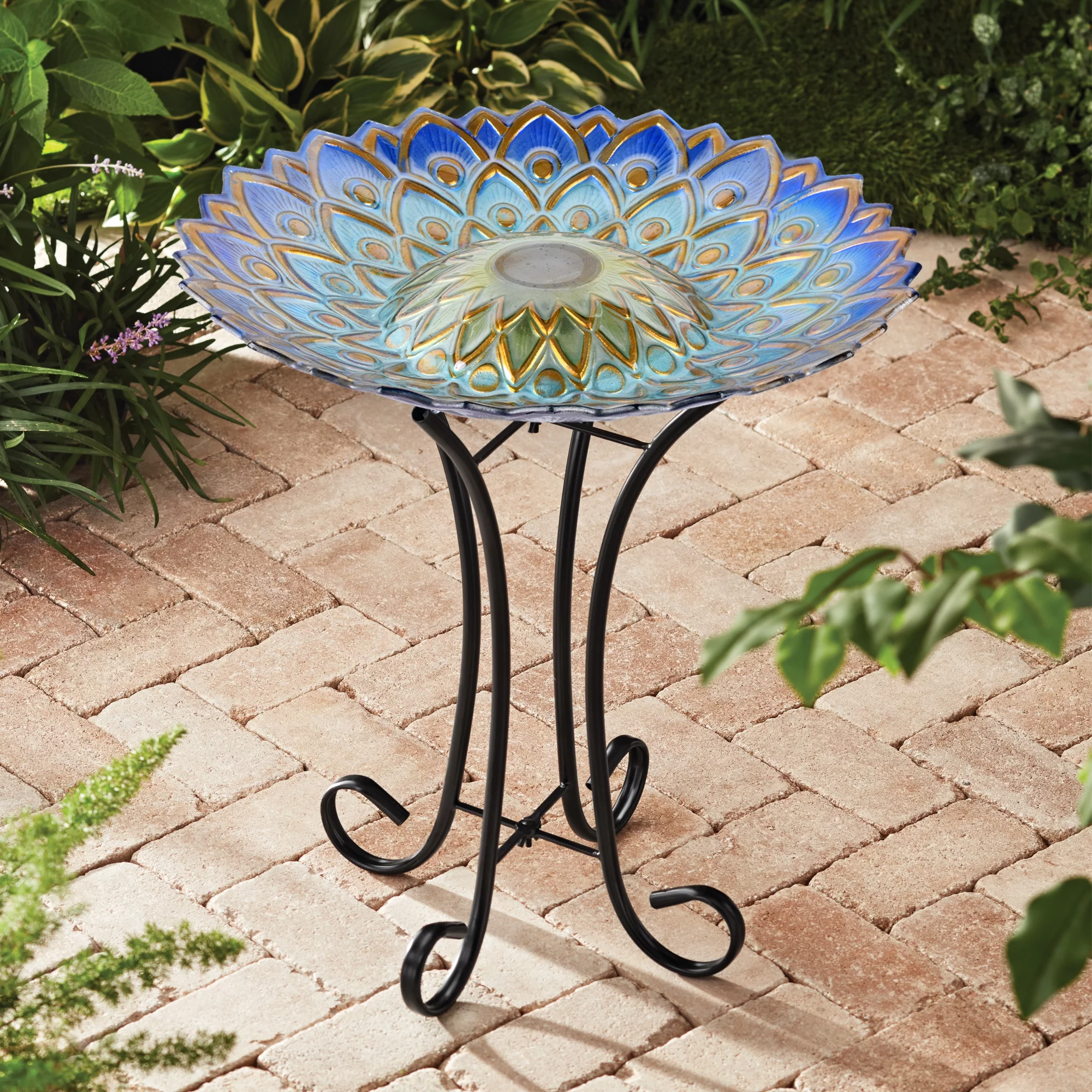 Hi-Line Gift Solar Peacock Blue Geometric Glass Bird Bath with Stand - Curated Treasures Market
