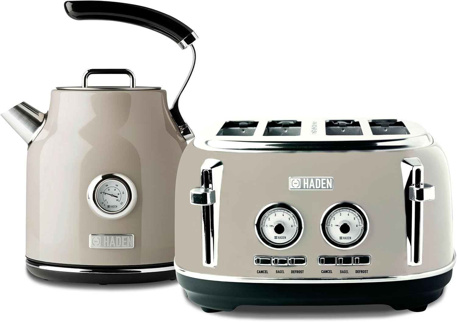 Haden Dorset Stainless Steel Auto Shut Off Electric Tea Kettle with Dorset Stainless Steel Wide Slot Toaster 4 Slice, Beige/Putty