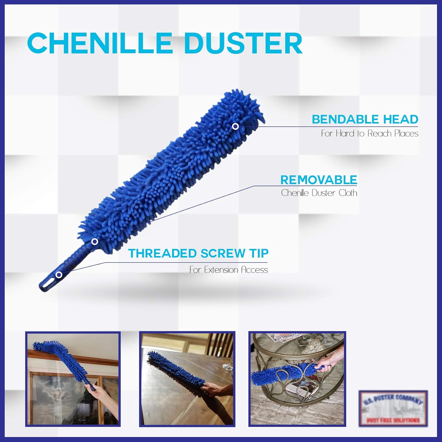 Blue Extension Rod Ceiling Duster with 18-20 feet Reach 3-Stage Aluminum Telescoping Pole - Cathedral, Cobweb, Microfiber, Ceilings Fan Duster Includes 2 Hand Dusting Kit