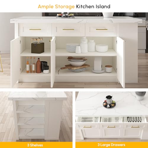 homary 72'' Kitchen Islands with Storage Modern White Kitchen Table with Seating & 3 Drawers Dining Table