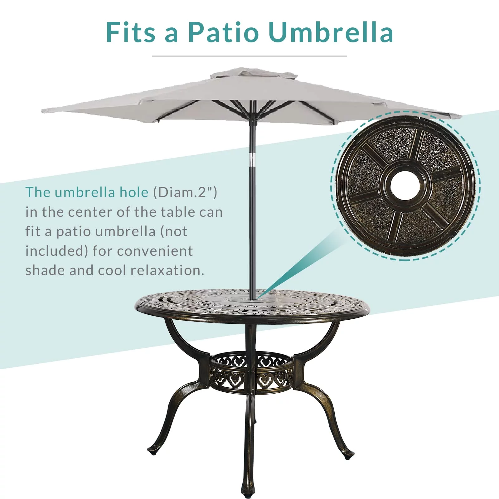 MEETWARM 38.5" Round Patio Dinning Table, Outdoor Cast Aluminum Dinning Table with 2" Umbrella Hole, Dark Bronze