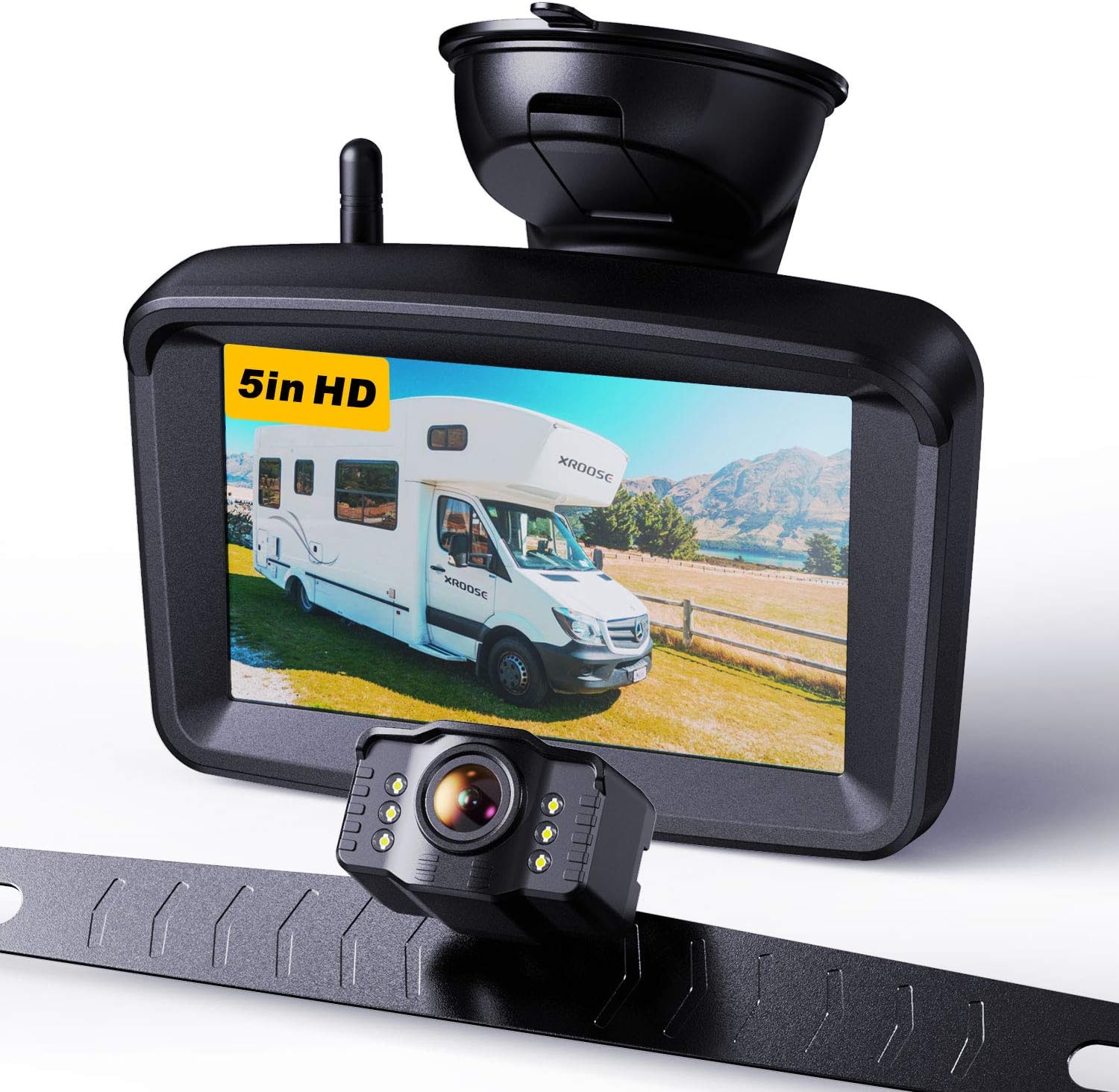 Wireless Backup Camera 5" Monitor, 1080P HD License Plate Camera w/ Stable Signal for Rear View Car/Pickup/Semi Box Truck/Sedan/Rv/Van/Camper, No Water-in, S04