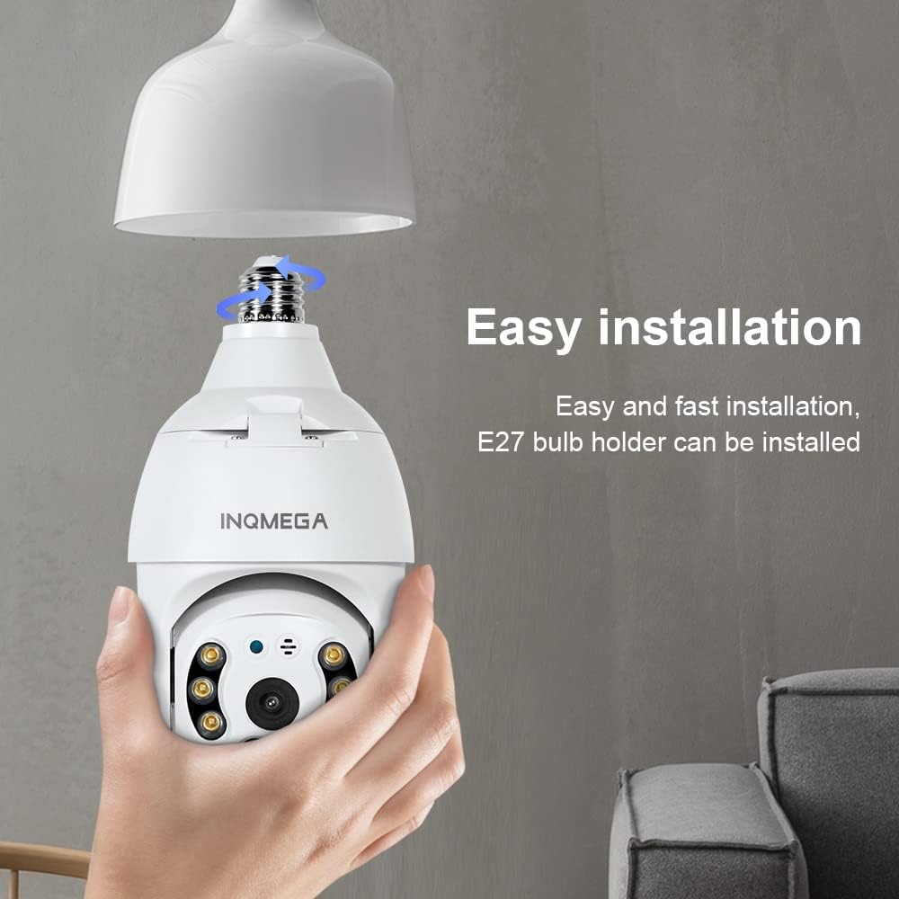 INQMEGA 2K 3.0MP Light Bulb Camera with E27 Connector, Wireless PTZ Security Camera Motion Auto Tracking, Two Way Audio, Night Vision, Tuya 360 Degree Panoramic WiFi IP Camera