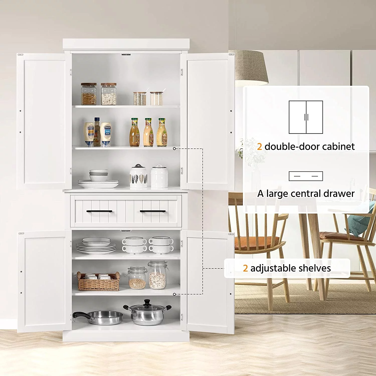 72.5" Kitchen Pantry Storage Cabinet with Drawer, Freestanding Pantry Cupboard with Doors and 2 Adjustable Shelves, Modern Utility Pantry Cabinet for Dinning Room, Living Room, White