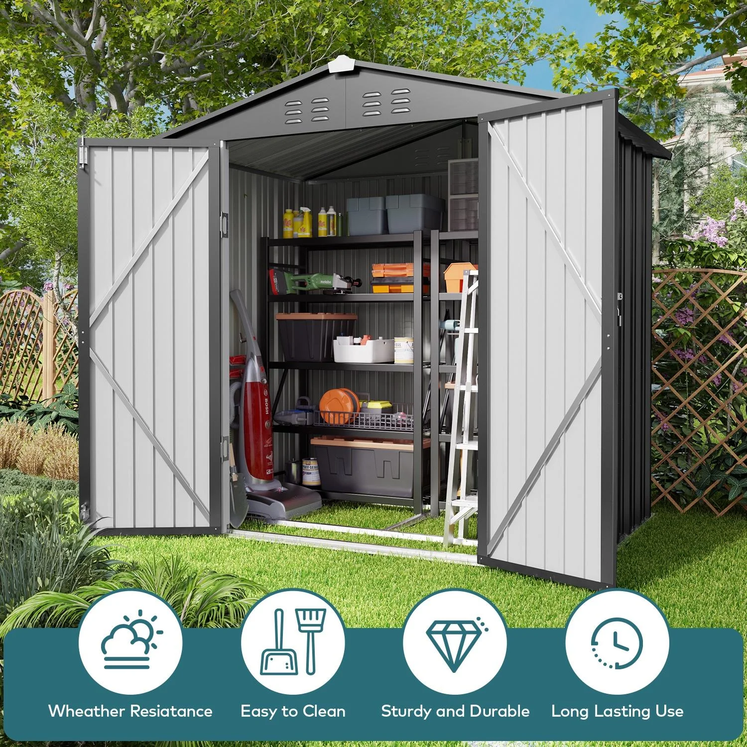 6' x 4' Outdoor Storage Shed with Base Frame, Lofka Anti-Corrosion Metal Garden Shed, Dark Gray