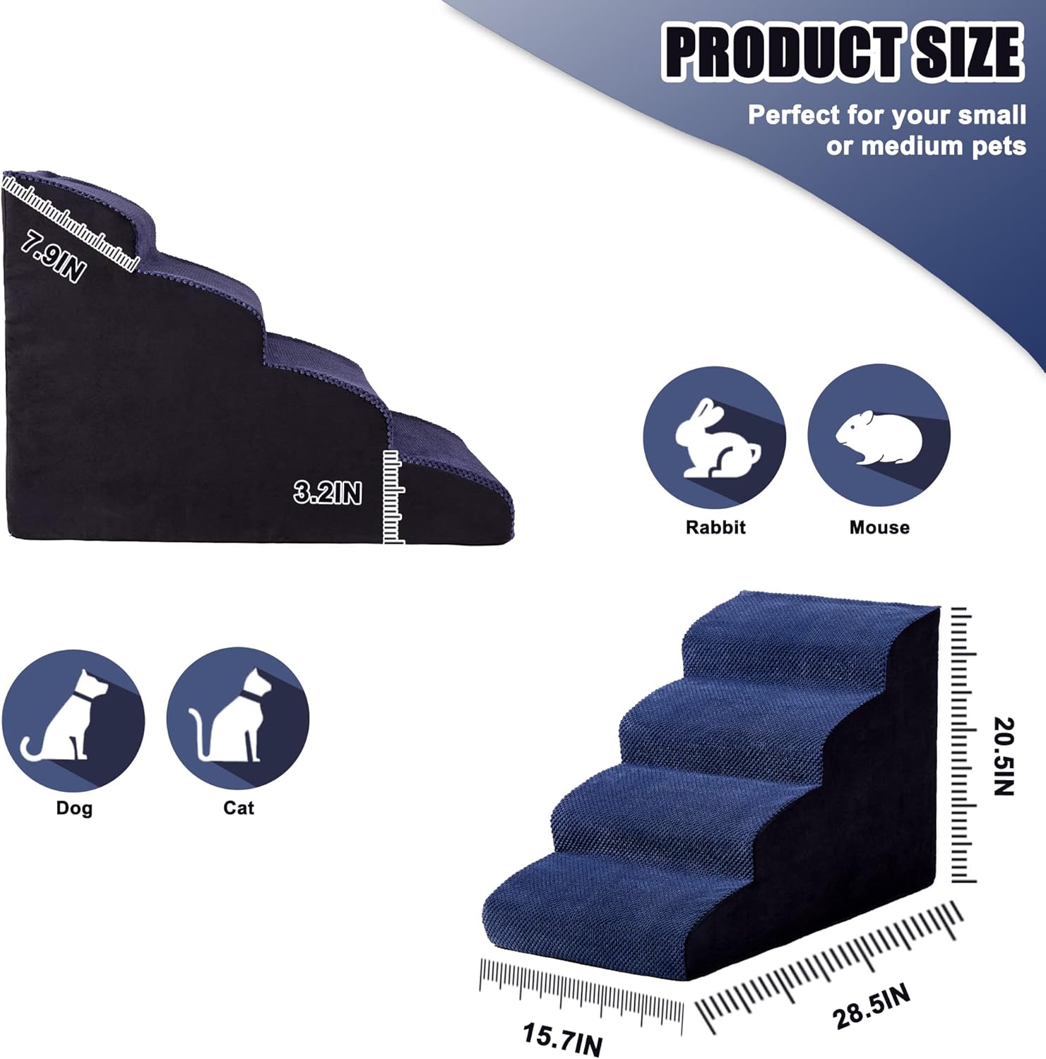 MALOROY 2 Tiers Foam Dog Ramps, Dog Ladder Pet Ramp Stairs Non-Slip Pet Step for Older Dogs and Pets with Joint Pain, Sofa Bed Ladder for Cats（Navy Blue）