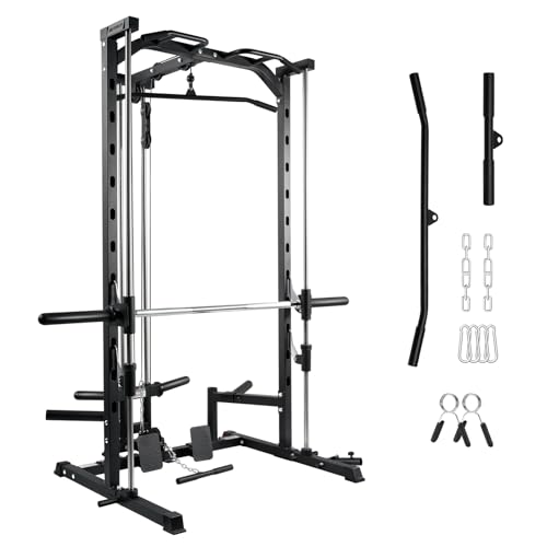 RitFit Smith Machine Power Rack with LAT-Pull Down System, Landmine, Barbell Bar, Plate Storage Pegs and More Training Attachment