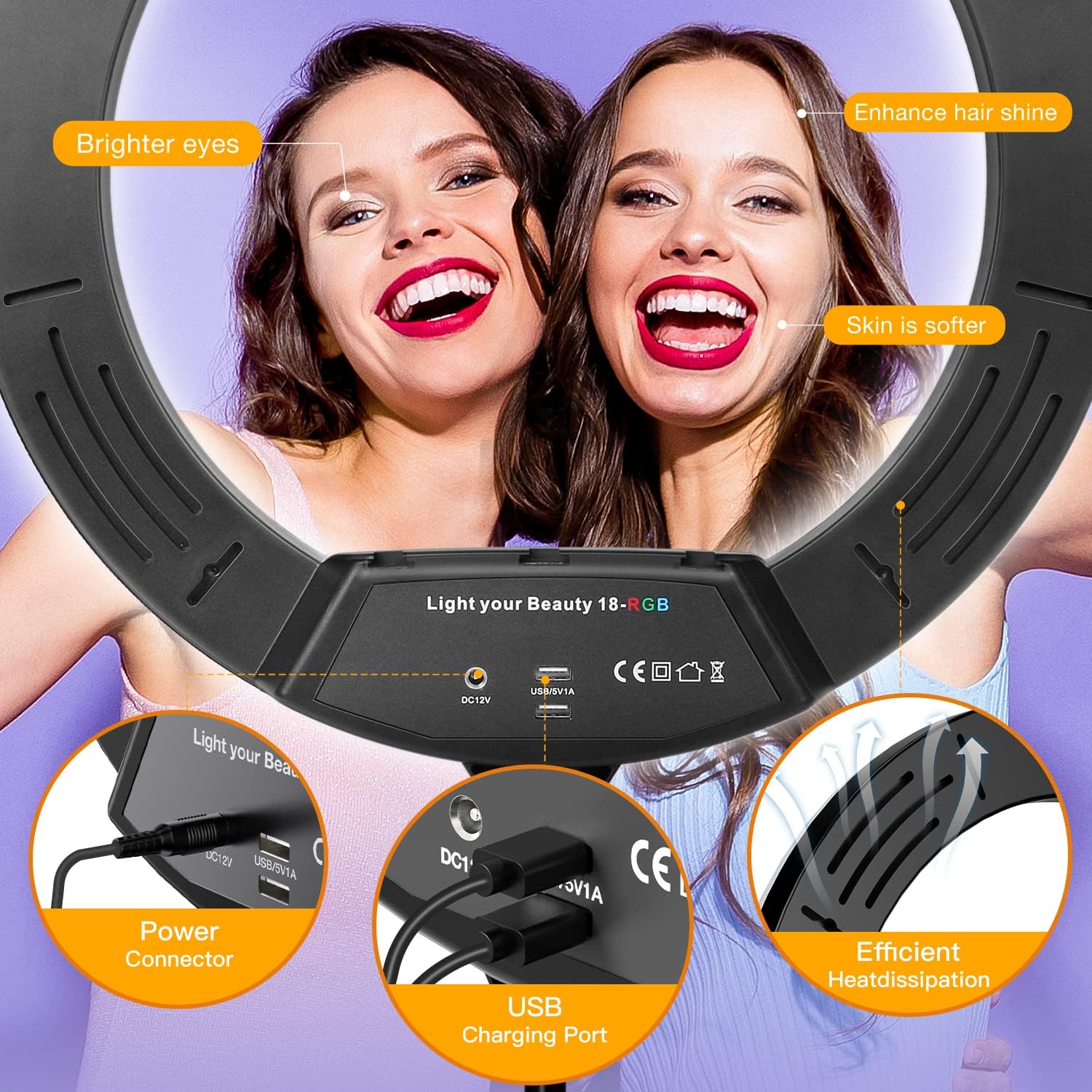 RGB Ring Light 18 inch with Tripod Stand (2700-7000K) for Phone Camera iPad Selfie Live Stream YouTube TikTok Video Shooting Best Lighting Atmosphere Ringlight