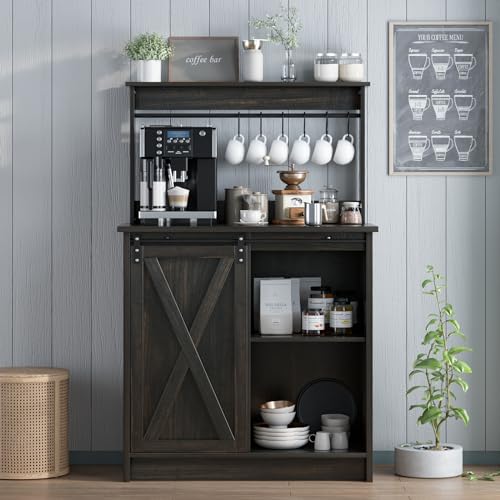 4ever2buy Farmhouse Coffee Bar Cabinet, Buffet Sideboard Storage Cabinet,White Coffee Bar Table with Sliding Barn Door & Adjustable Shelf for Living Room