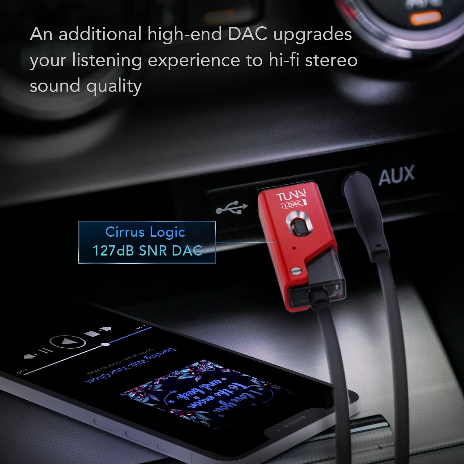 TUNAI Firefly Chat LDAC Bluetooth Adapter - Hifi Wireless Bluetooth 5.0 Receiver with USB DAC 3.5mm AUX for Car/ Home Stereo Music Streaming & Hands-Free Calls - Auto On, No charging needed (Black) Pack of 2