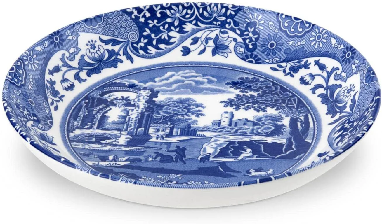 Spode Blue Italian Pasta Bowl Set of 4, 9-Inch Salad, Pasta, and Soup Serving Bowl, Round, Wide, and Shallow Bowl, Microwave Safe Plate Dishwasher Safe