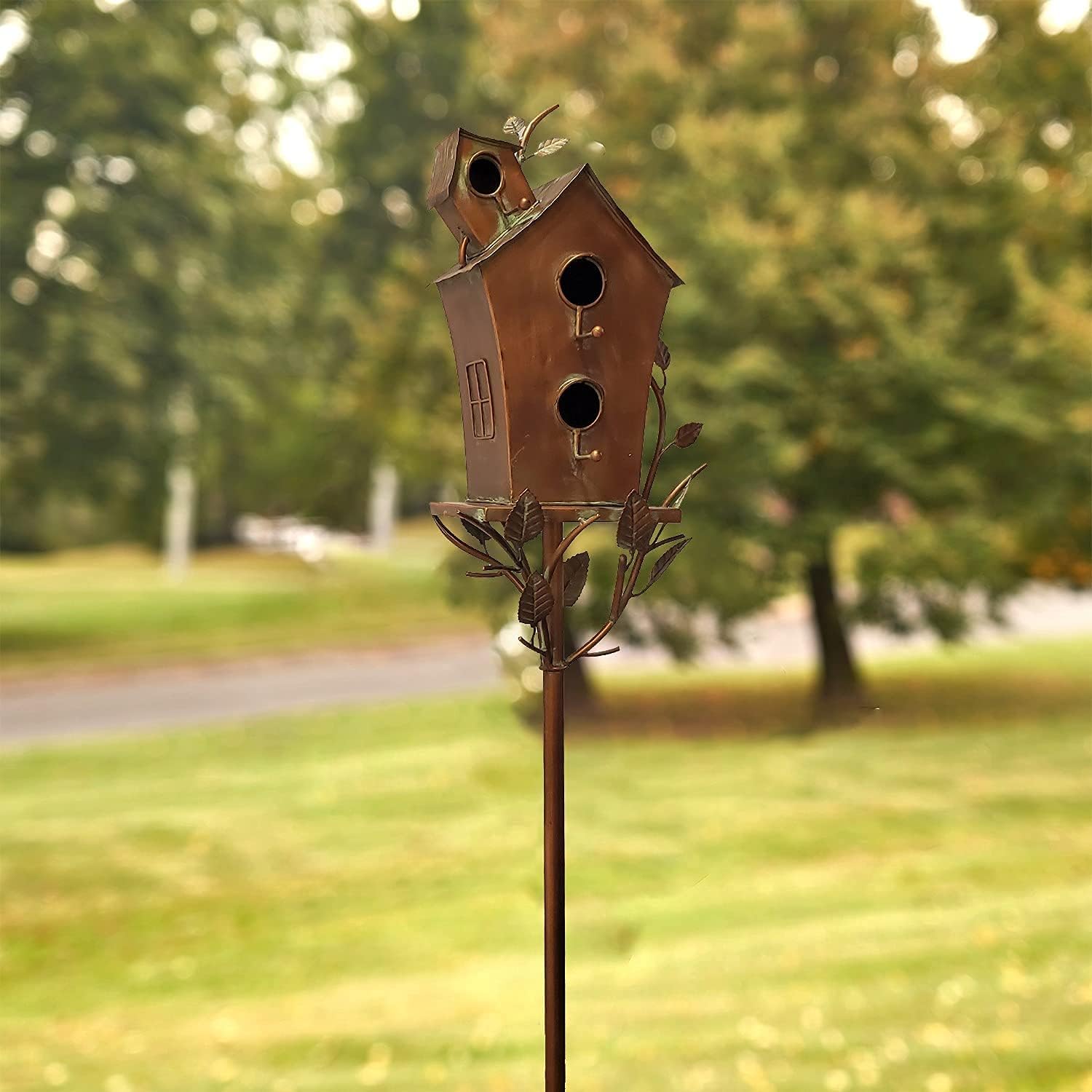 Zaer Ltd. Large Copper Colored Multi-Birdhouse Stakes, Room for 4 Bird Families in Each (Castle Home)