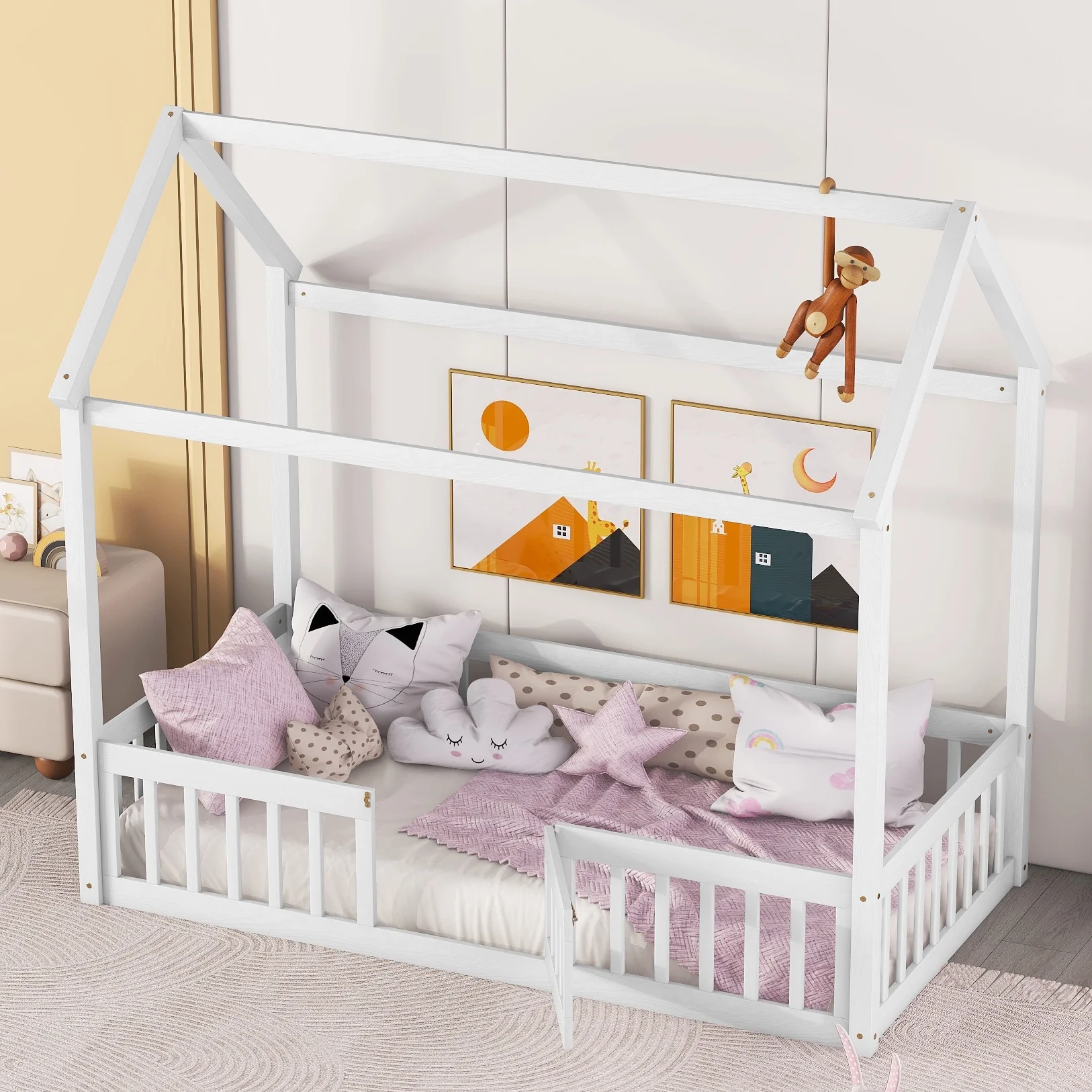 Montessori Bed/Twin House Floor Bed for Toddlers, Kids Girls, Boys,Montessori Floor Bed with Rails and Door,Toddler House Bed(White)