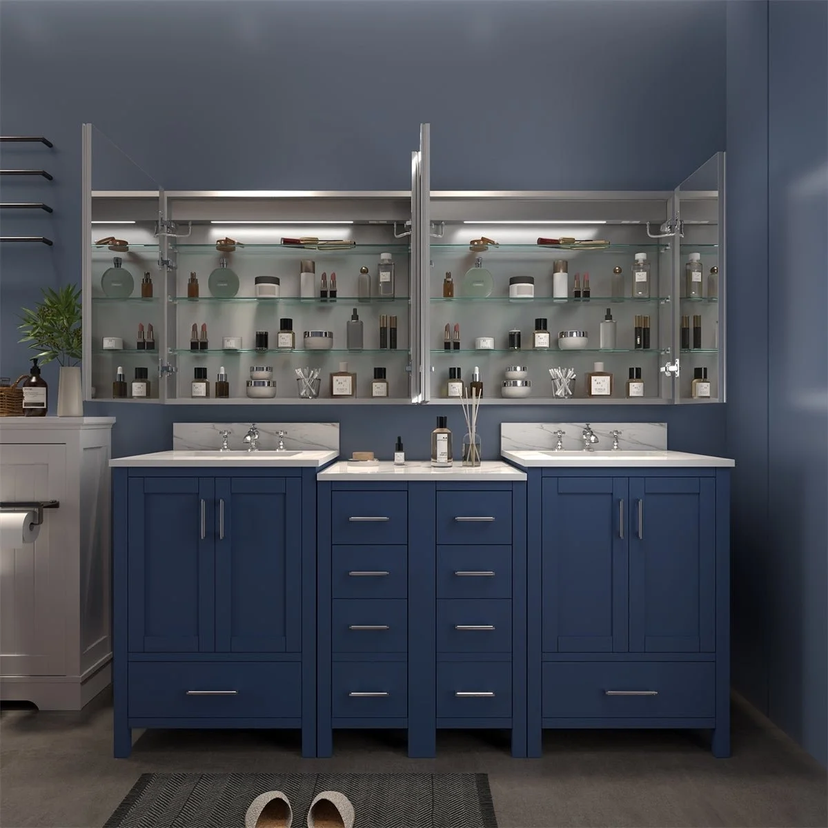 Rim 72" W x 32" H Lighted Medicine Cabinet Recessed or Surface led Medicine Cabinet with Outlets and USBs