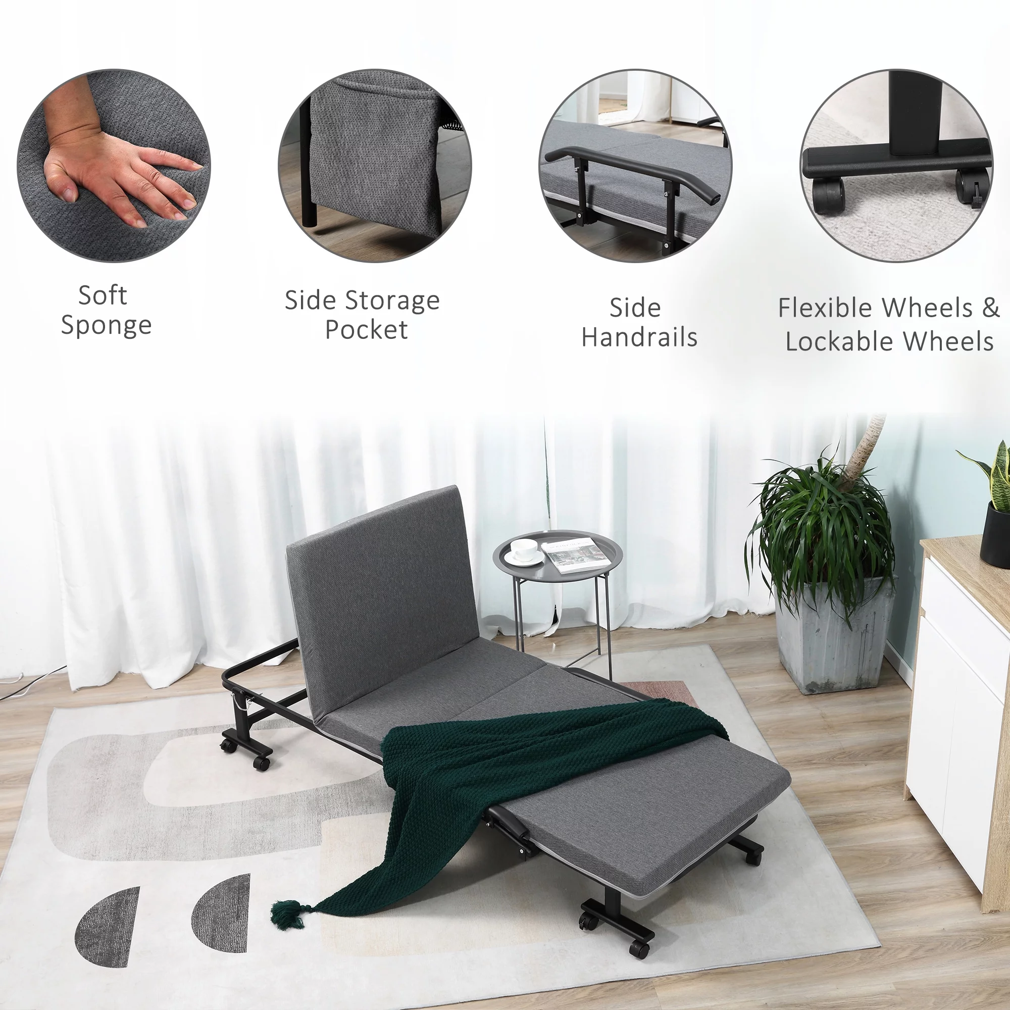 HOMCOM Rollaway Bed, Folding Bed with 3.25" Mattress, Portable Foldable Guest Bed with Adjustable Backrest, and Metal Frame on Wheels, Dark Grey