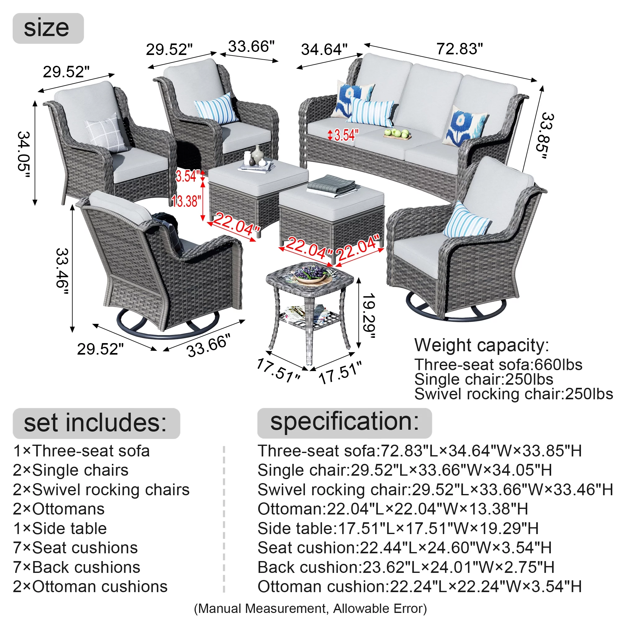 Ovios 8 Pieces Outdoor Patio Furniture with Swivel Chairs Wicker Patio Sectional with Sofa for Backyard