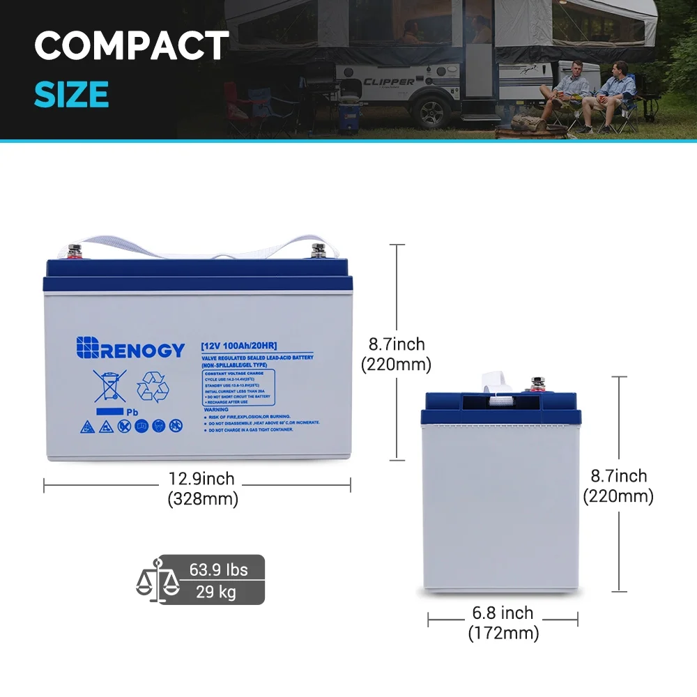 Renogy 12V 100AH Deep Cycle Hybrid Gel Battery, Rechargeable for Solar Wind RV Marine Camping UPS Wheelchair Trolling Motor, Maintenance Free - Curated Treasures Market