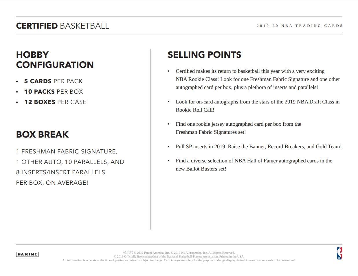 2019-20 Panini Certified Basketball Hobby Box
