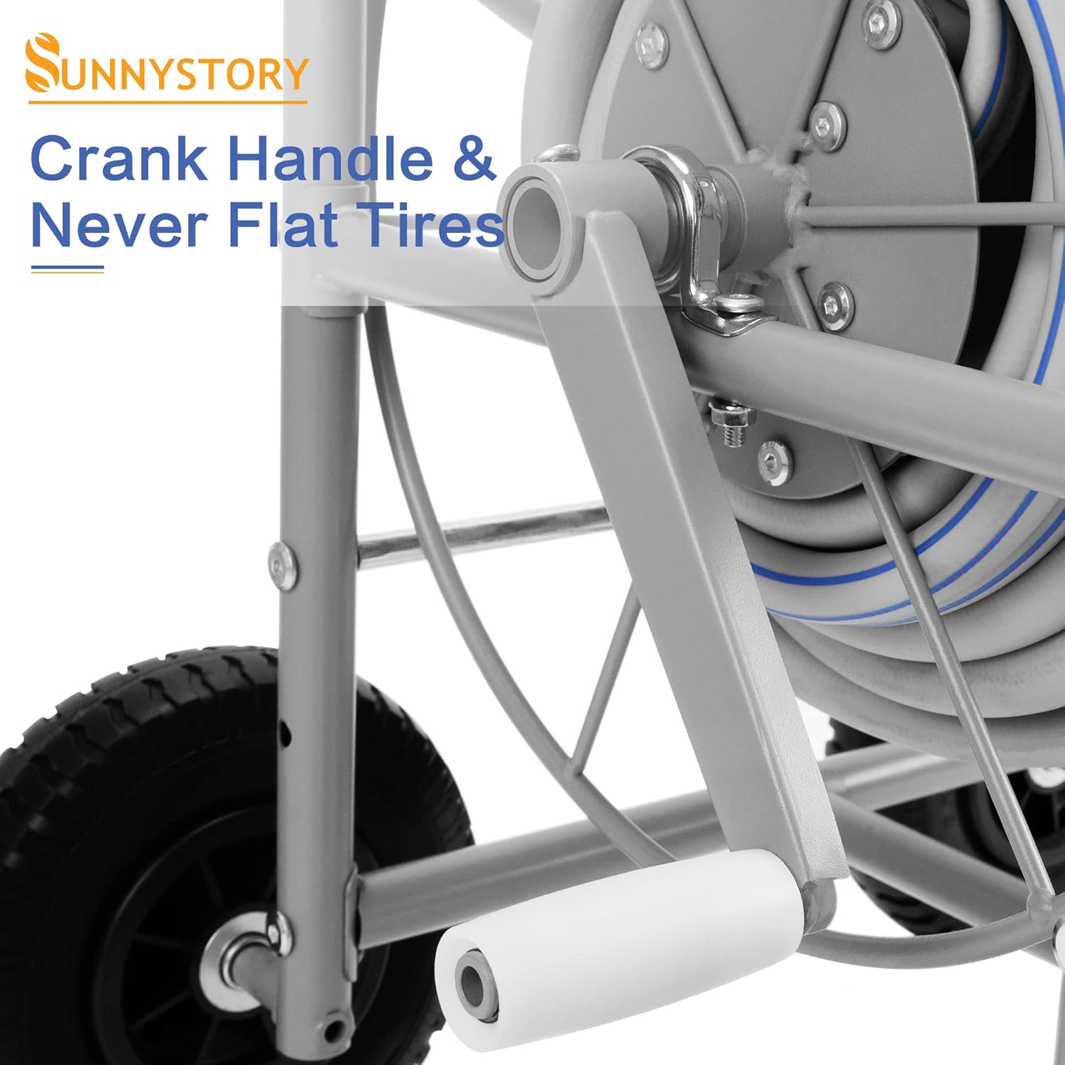 SUNNYSTORY All Metal Garden Hose Reel Cart with Hose Guide System, Holds 150 Feet of 5/8 Inch Hose Cart with Solid Tires for Garden, Yard, Lawn