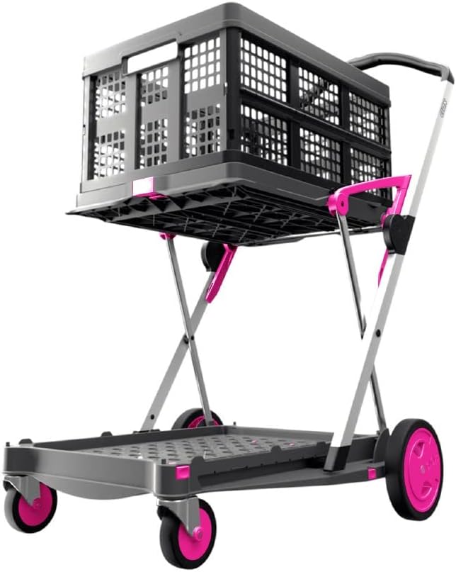 CLAX, Multi use Functional Collapsible carts, Mobile Folding Trolley, Shopping cart with Storage Crate (Pink)