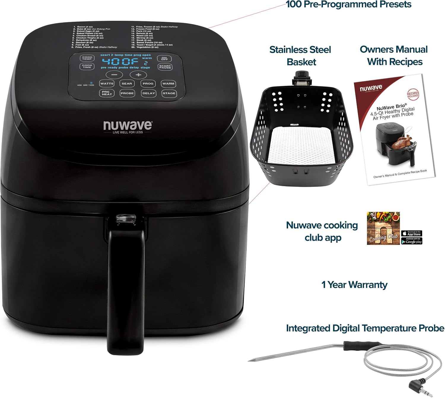 NUWAVE Brio 4.5-Quart Digital Air Fryer includes precise temperature control, one-touch digital controls, 6 easy presets, wattage control, recipe book, Nuwave Cooking Club App, and advanced functions like PREHEAT or REHEAT
