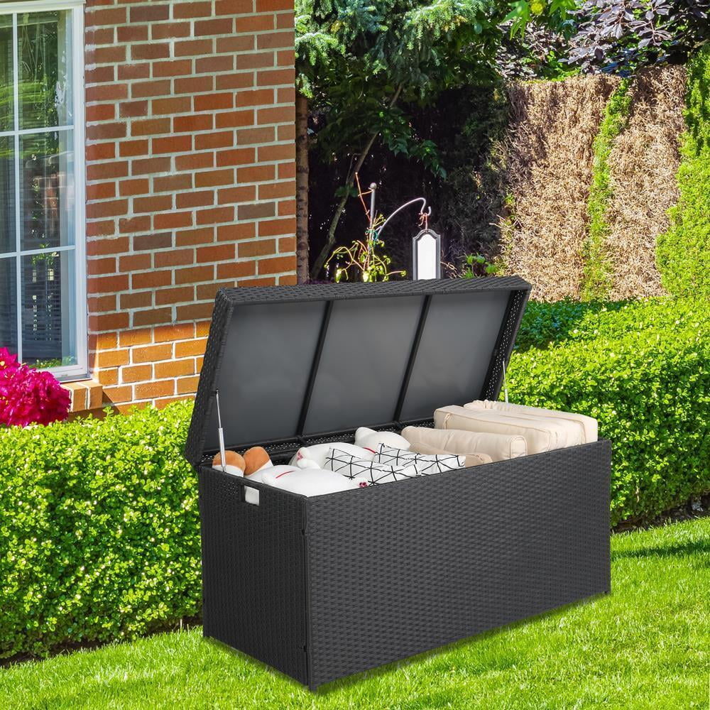 Large132 Gallon Outdoor Rattan Storage Deck Box For Outdoors Indoor Black - Curated Treasures Market