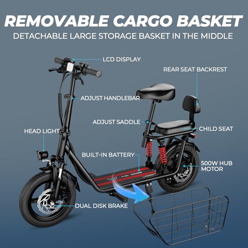 WINDHORSE C3 Adults Electric Scooter with Seat - 14” Tire, 500W Brushless Motor, 3 Speed Modes, Cruise Control, Dual Suspension, 25 Mile Range, 22MPH, Adjustable E-Scooter for Teens with Basket