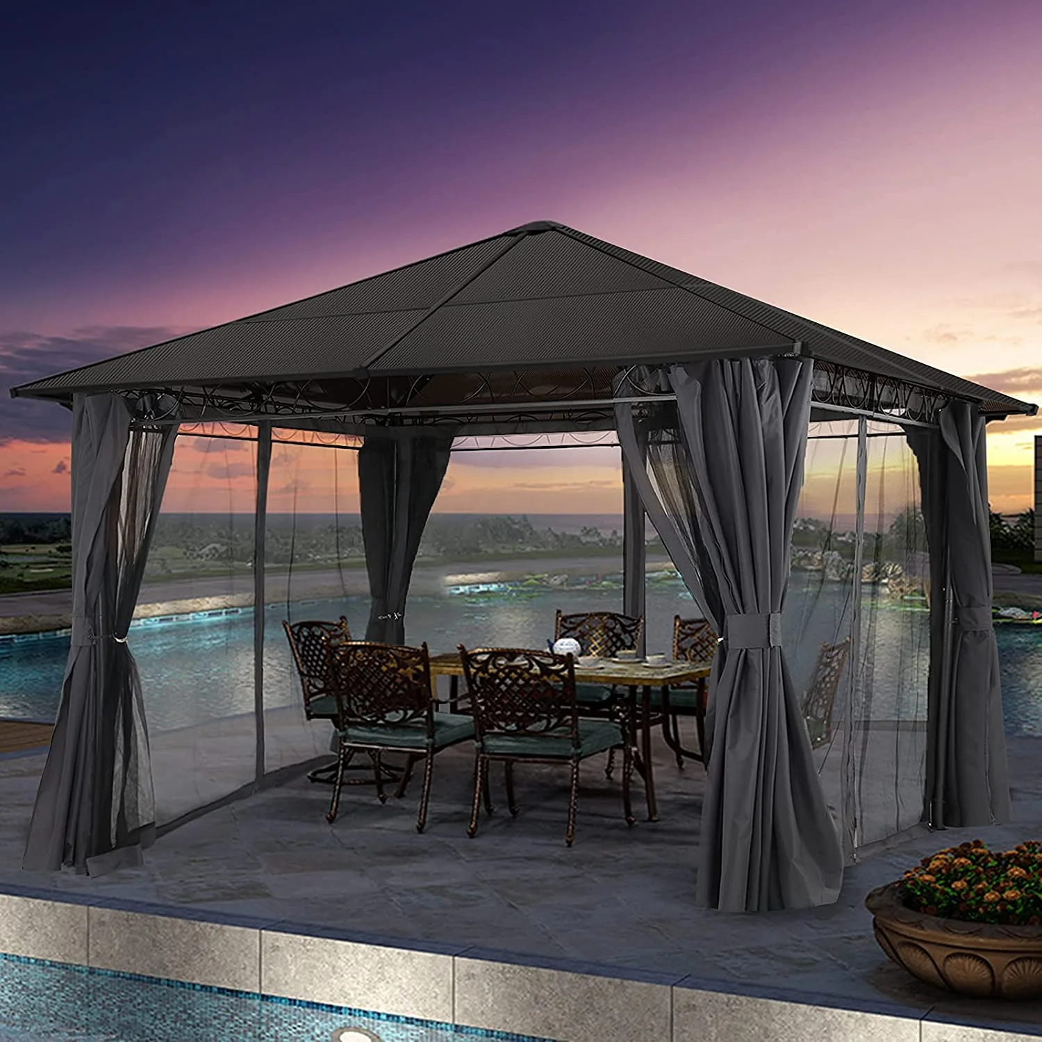 ABCCANOPY 10x10 Hardtop Patio Gazebo with Netting and Screen Walls Curtains,DarkGray