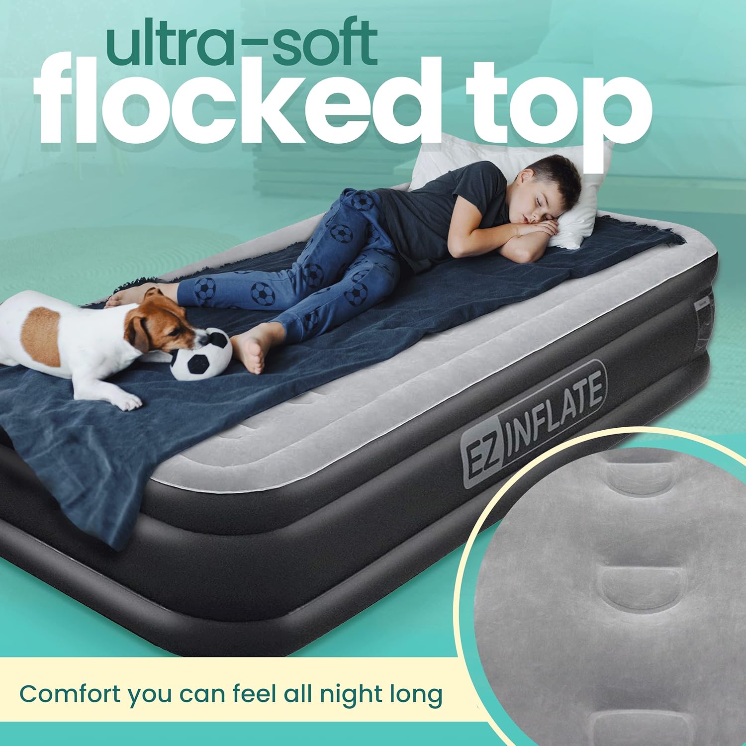 EZ Inflate Air Mattress with Built in Pump - Twin Size Double-High Inflatable Mattress with Flocked Top - Easy Inflate, Waterproof, Portable Blow Up Bed for Camping & Travel
