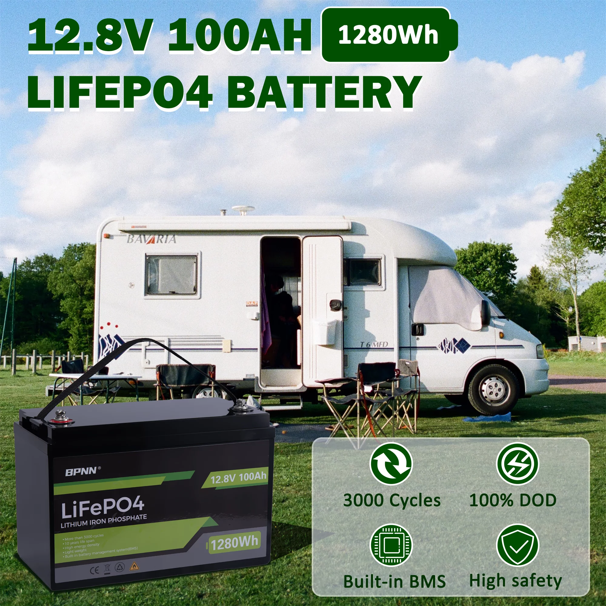 12V LiFePo4 Battery 12V 100AH Lithium Iron Battery 4000+ Cycles for RV Off-grid Home Back-up Solar