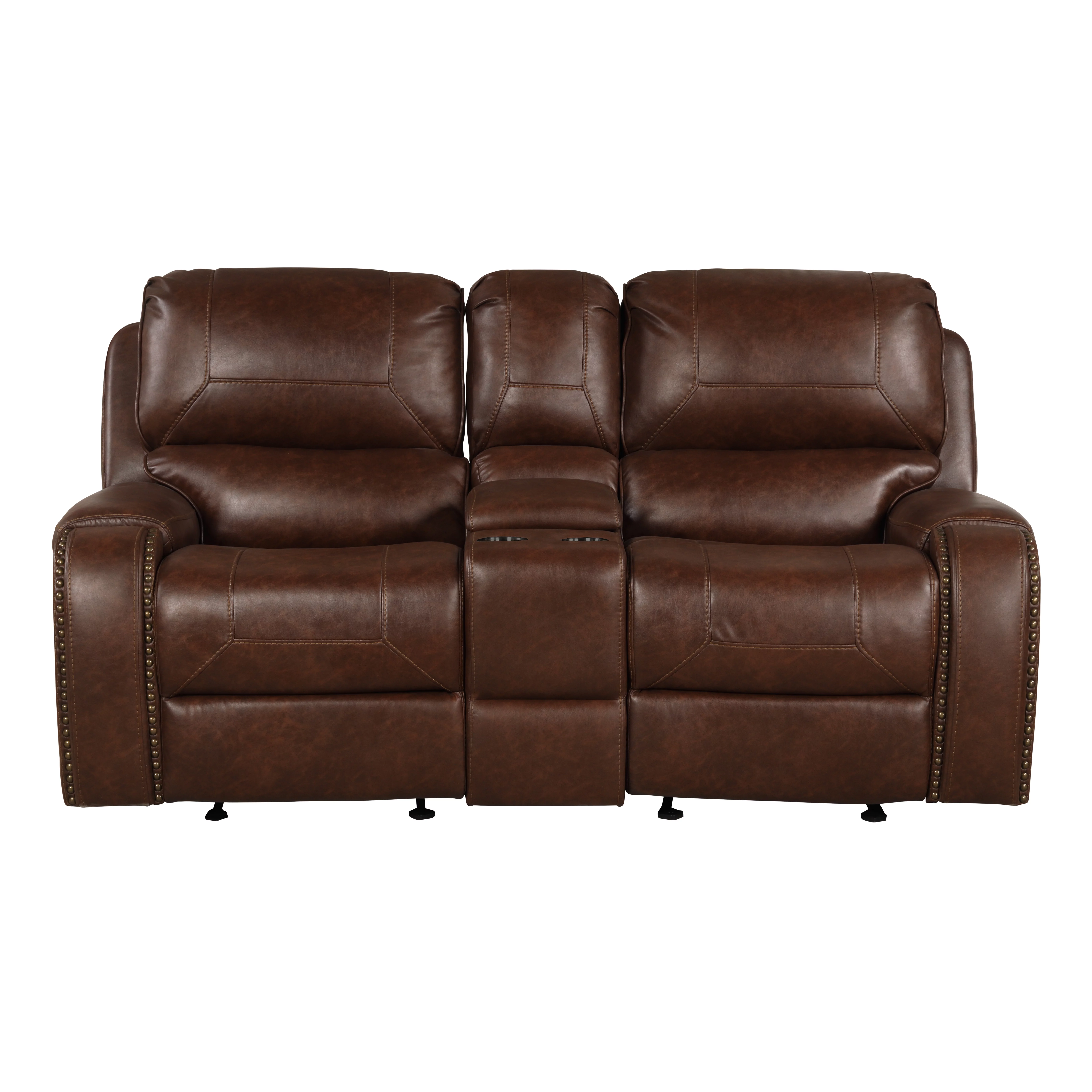 Roundhill Furniture Achern Brown Leather-Air Nailhead Manual Reclining 3-Piece Sofa Set