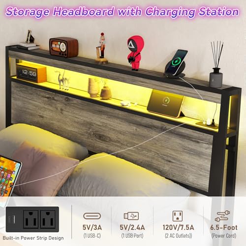 SADENICEL Queen Bed Frame with Storage Headboard and 4 Drawers, Metal Platform Bed Frame with LED Light, Charging Station, No Box Spring Needed, Noise Free, Easy Assembly, Vintage Brown