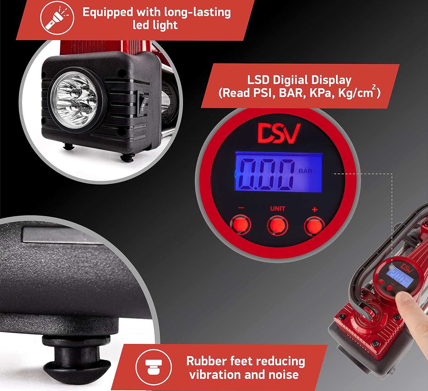 DSV Standard Portable Heavy Duty Double Cylinders Car Air Compressor Digital Tire Inflator,12V 150PSI Air Pump with Auto Shut Off, LED Light, Extension Hose.Ideal for Truck Tires, Bicycle, Inflatables