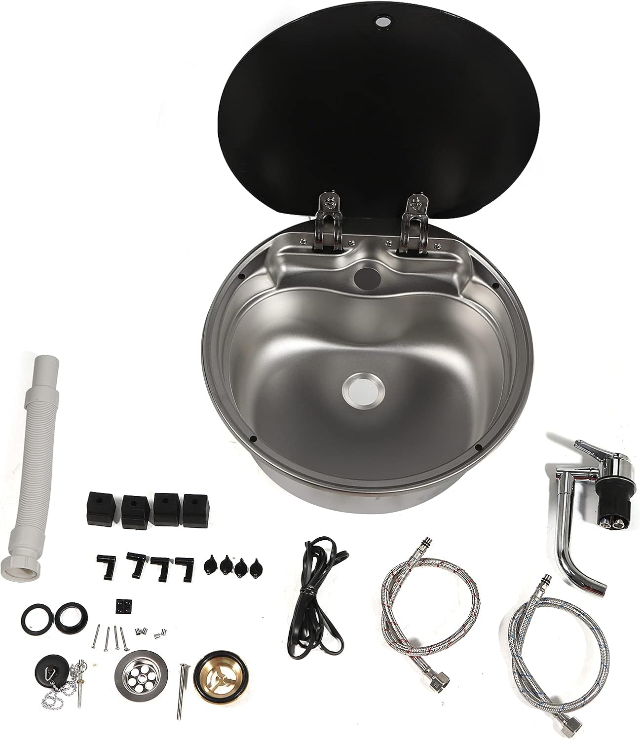 TBVECHI RV Caravan Basin Sink, Stainless Steel Single Bowl Camper Kitchen Basin Sink Hand Wash Basin with Cold Hot Faucet Space Saving Design Convenient Glass Lid Rubber Seals Easy to Install