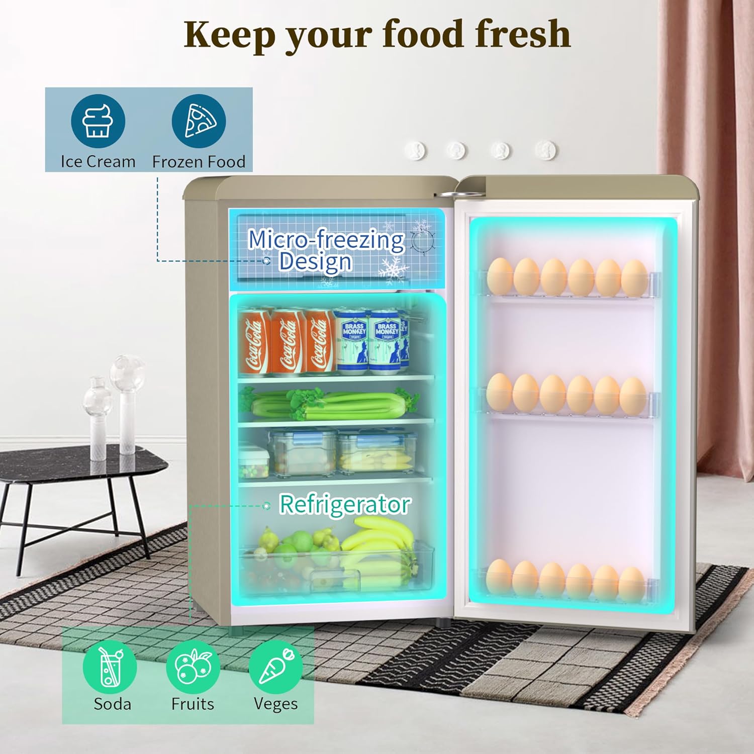 Mini Fridge for Bedroom Retro Style, 3.0 Cu.Ft Mini Fridge with Freezer, Compact Fridge for Bedroom with Adjustable Shelves&Egg Tray for Dorm, Kitchen, Bedroom, Living Room, Office(Gold)