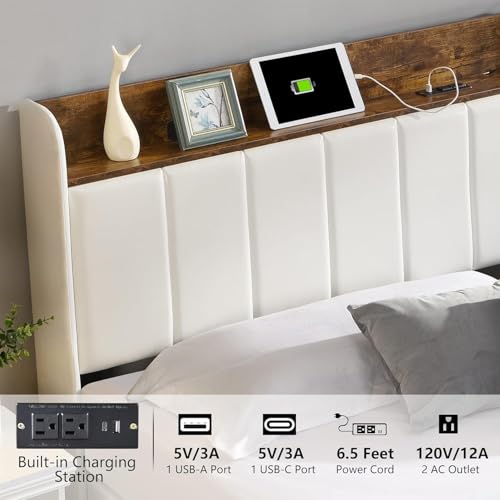 Queen Bed Frame with Headboard & Charging Station, Upholstered Platform Bed Frame with 2 Storage Drawers, Sturdy Wooden Slats Support/No Box Spring Needed/Noise Free/Easy Assembly/White