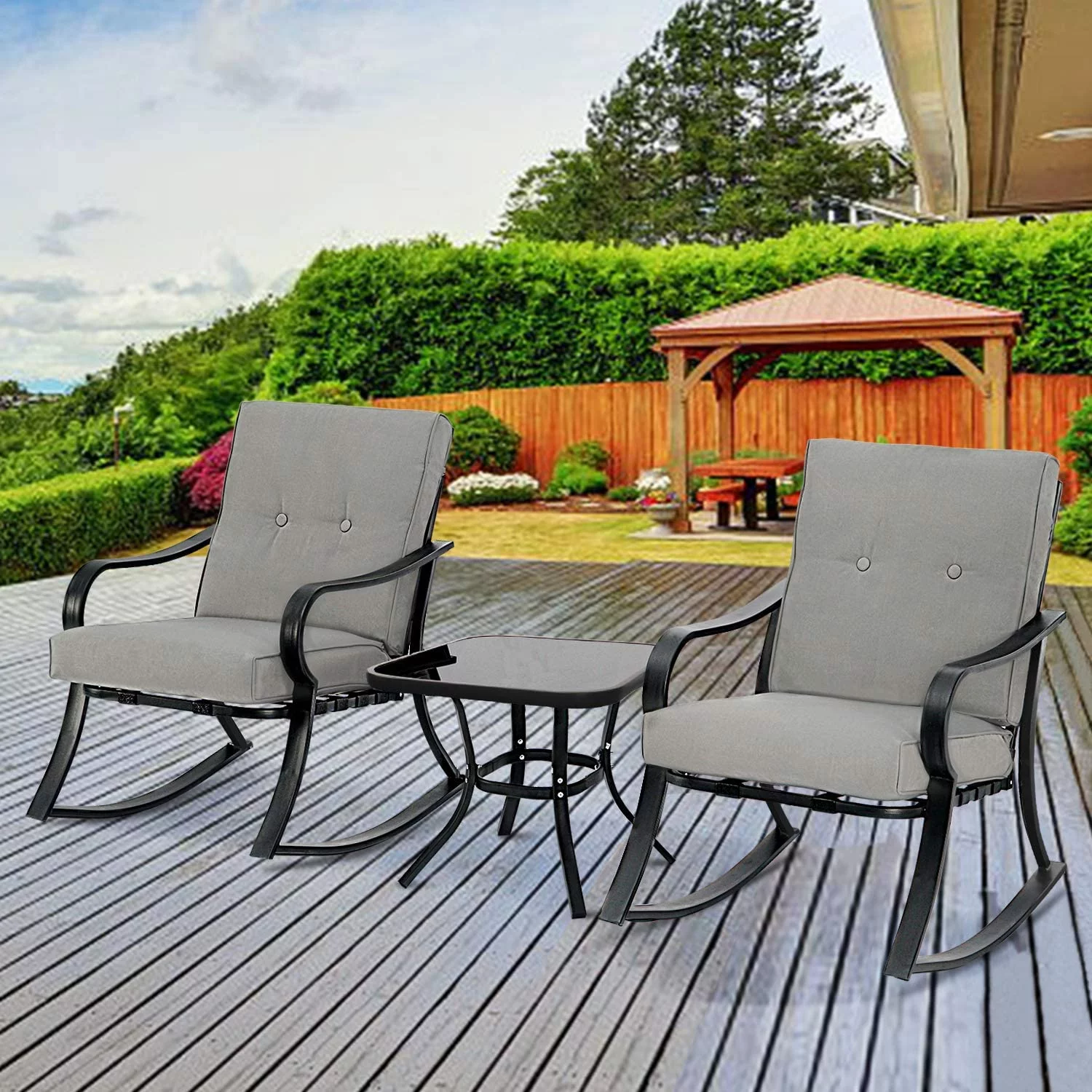 SOLAURA 3-Piece Outdoor Rocking Chairs Set, Black Iron Patio Furniture with Gray Thickened Cushion & Glass Coffee Table