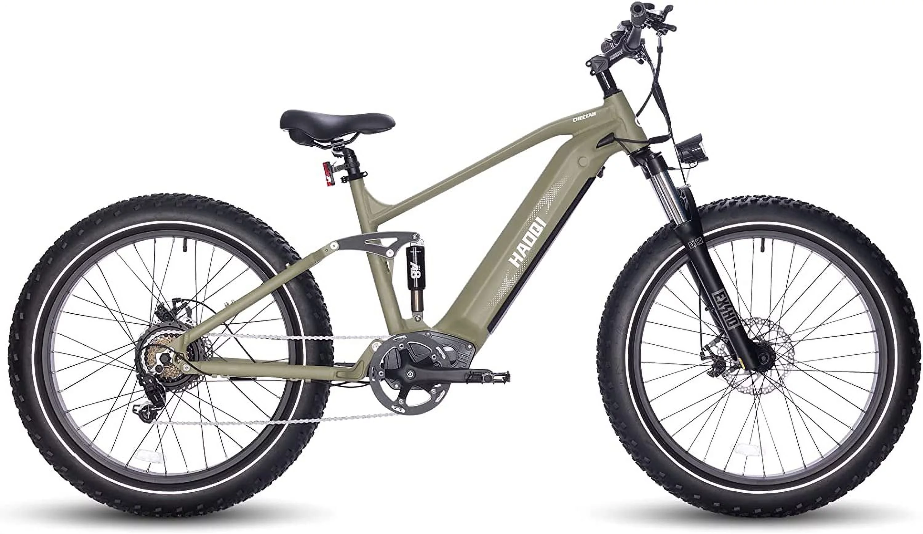HAOQI Army Green Cheetah Electric Bike for Adults, 48V 16Ah Removable Cells Battery Ebike, 750W Brushless Motor up to 28MPH, Shimano 7-Speed, 26" x 4.0 Fat Tire Full Suspension Mountain Bike - Curated Treasures Market