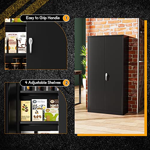 Greenvelly Metal Garage Storage Cabinet with Lock, 72”Metal Storage Cabinet with 2 Doors and 4 Adjustable Shelves, Steel Tool Cabinet for Garage,Home Office, School,Gym (Black Grey)