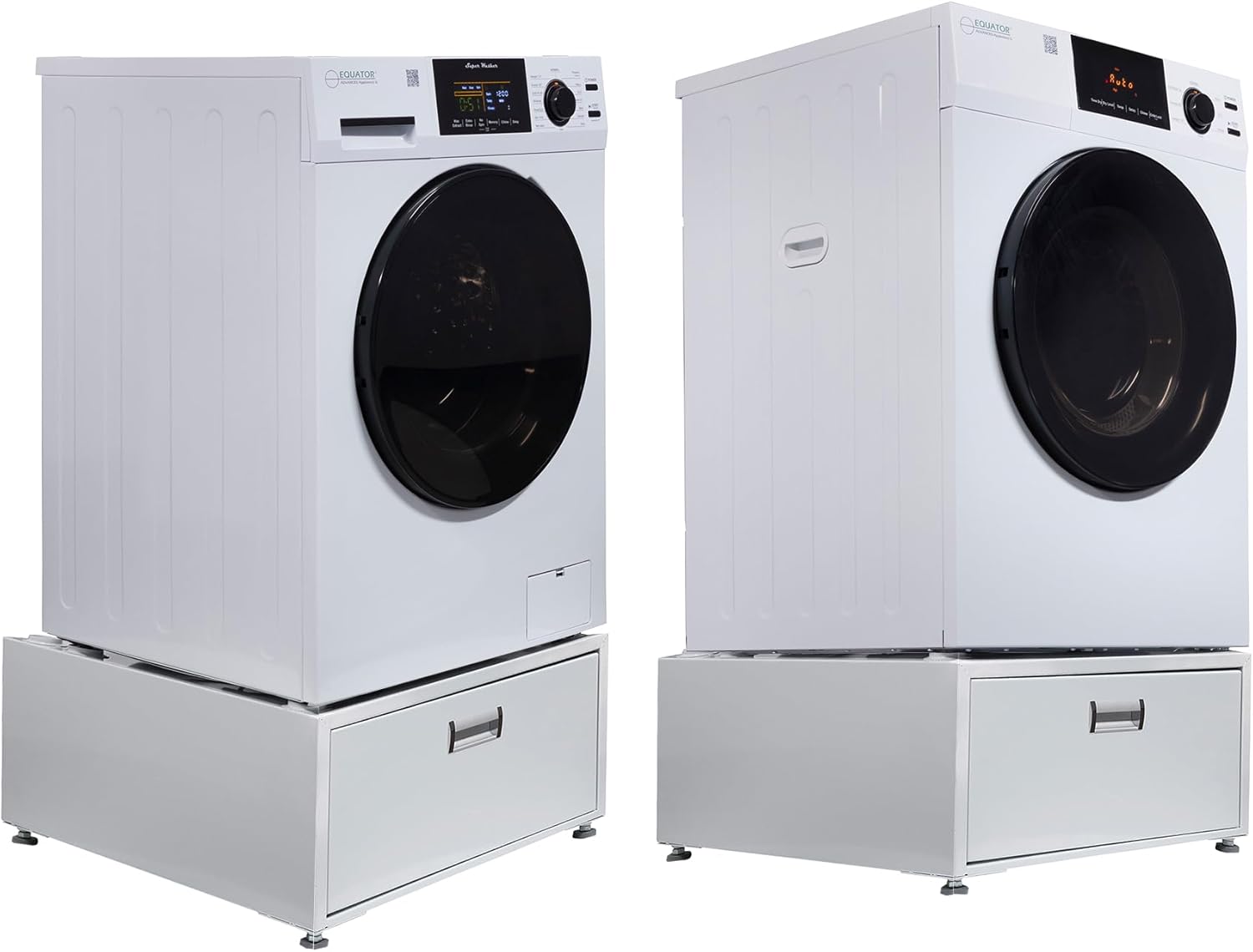 Equator Complete Laundry Set Washer 1.9cf 110V+Vented Dryer 220V+ Pedestals