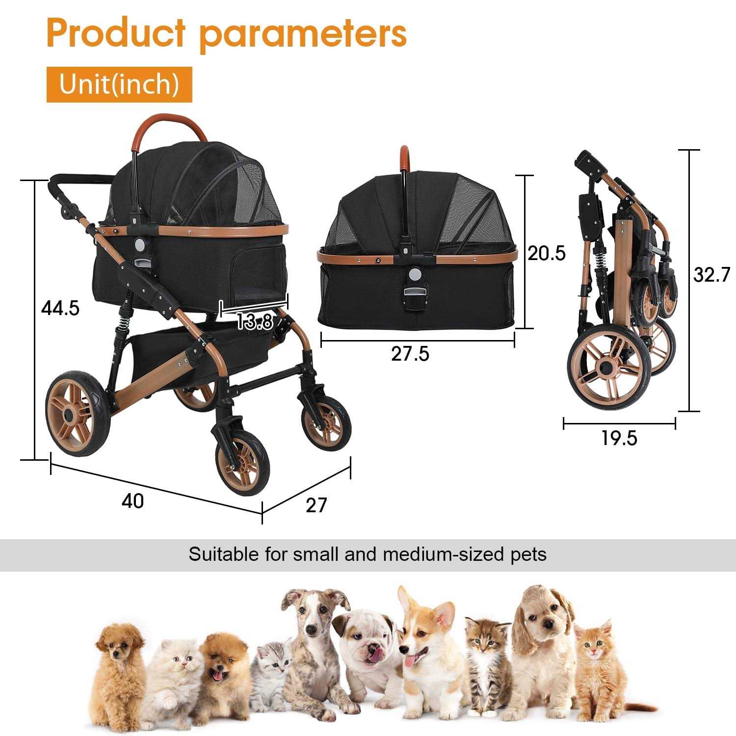 BestPet Pet Stroller Premium 3-in-1 Multifunction 4 Wheels Dog Cat Stroller for Large Medium Dogs Cats Aluminium Frame Folding Lightweight Travel