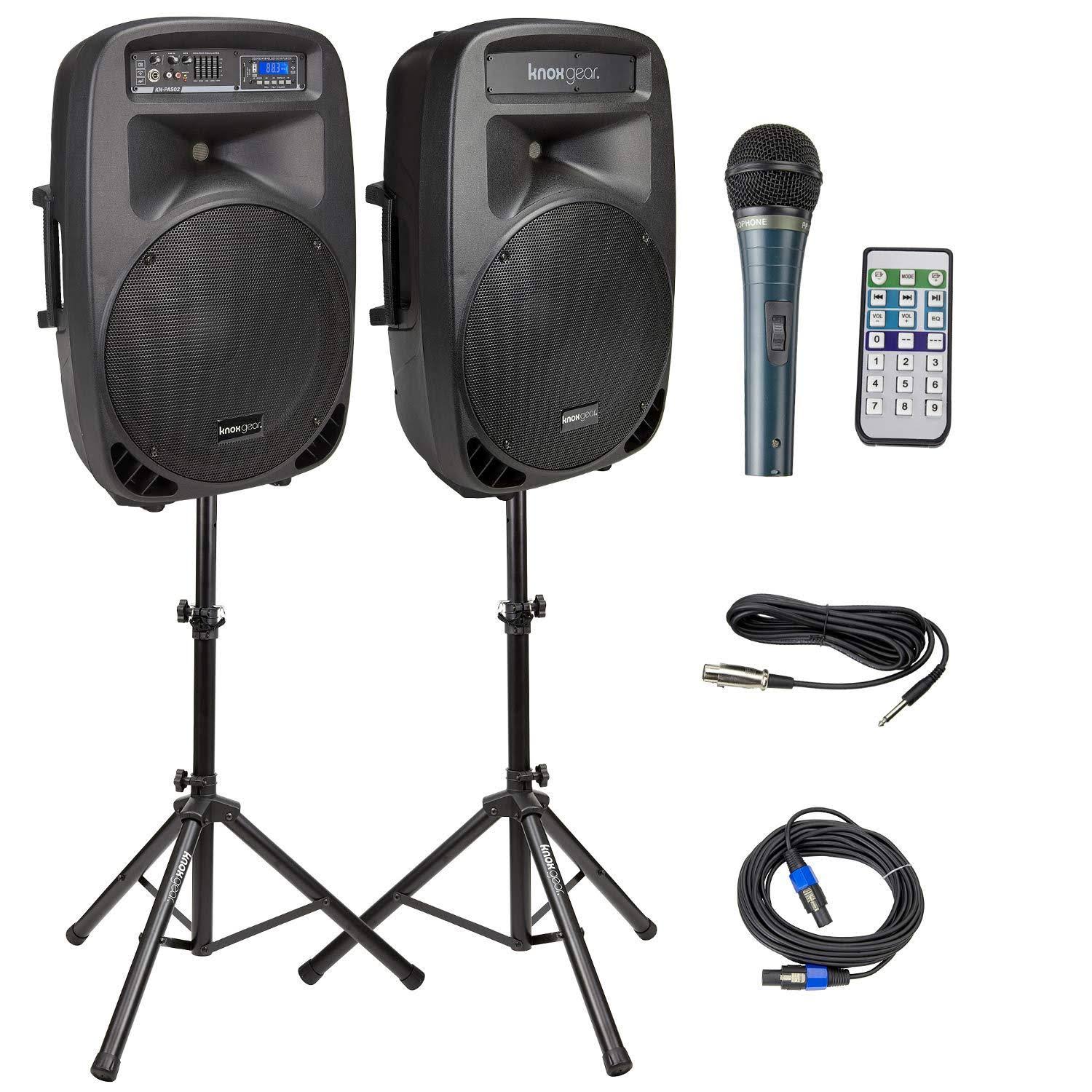 Knox Dual 15x22 Speakers, 600 Watt - 8 Piece Portable PA System - Microphone, Tripods, Remote Control