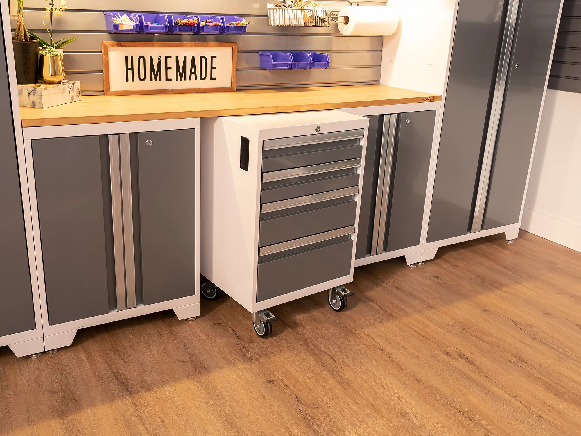 NewAge Products Bold Series Platinum 8 Piece Cabinet Set, Heavy Duty 24-Gauge Steel Garage Storage System, LED Lights Included