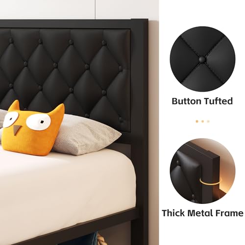 Queen Bed Frame with Headboard PU Leather Upholstered Bed Frame Platform,All Metal Slats Support Platform Bed Frame with Storage Space,Easy Assembly,Noise Free,No Box Spring Needed,Black