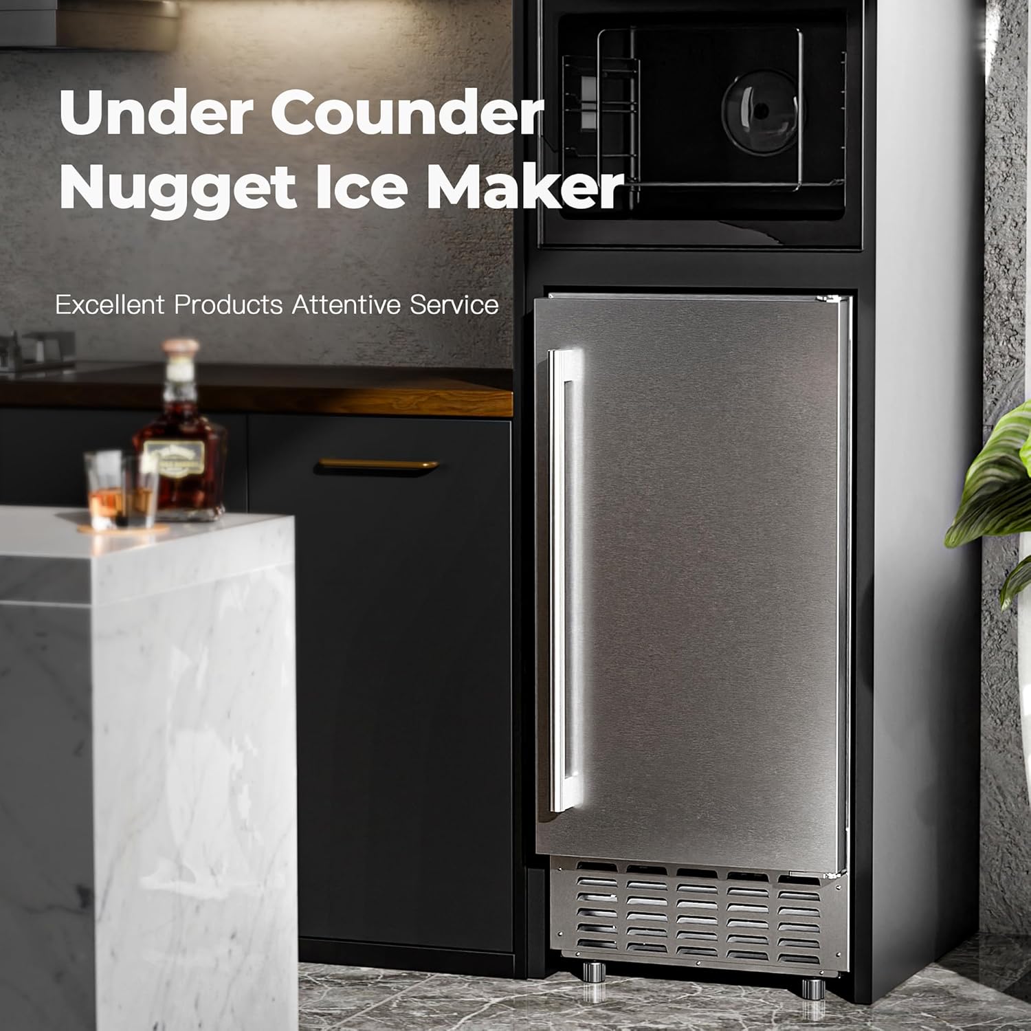 Kismile Under Counter Nugget Ice Maker Machine,66Lbs/Day,Built-in Freestanding Ice Maker with Drain Pump,Self-Cleaning & 24H Timer,18 Lbs Storage, Commercial Ice Maker for Home & Office(Silver)